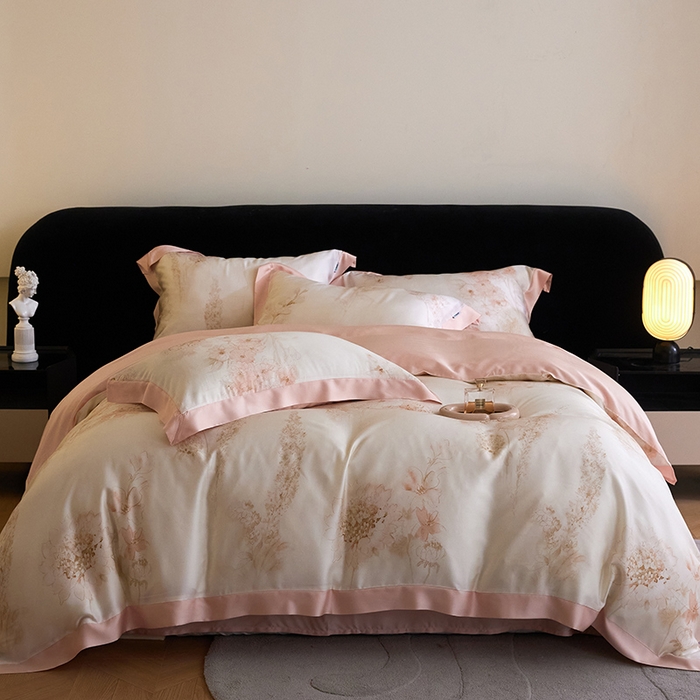 91家纺网 家纺一手货源 找家纺 禾时 2025新款60S兰精天丝印花四件套 粉黛