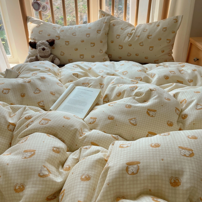 91家纺网 家纺一手货源 找家纺 蜜宿 2025新款卡通全棉A类双层纱四件套 曲奇小熊