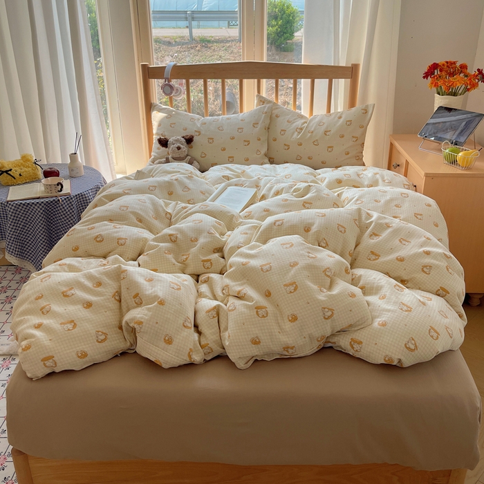 蜜宿 2025新款卡通全棉A类双层纱四件套 曲奇小熊