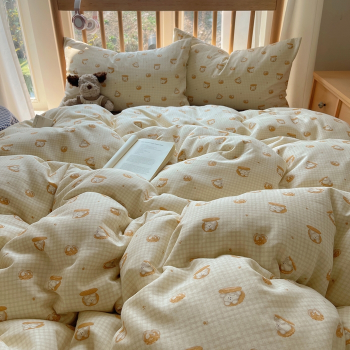 91家纺网 家纺一手货源 找家纺 蜜宿 2025新款卡通全棉A类双层纱四件套 曲奇小熊