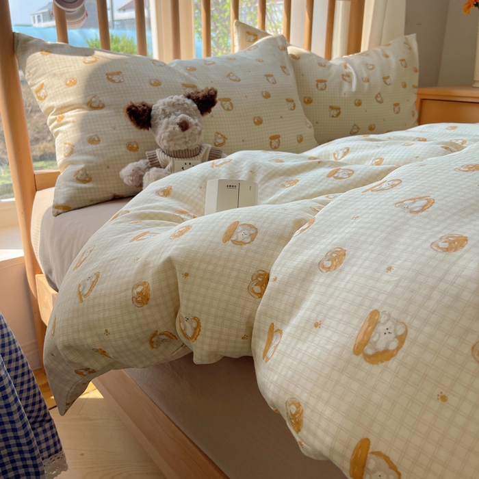 91家纺网 家纺一手货源 找家纺 蜜宿 2025新款卡通全棉A类双层纱四件套 曲奇小熊