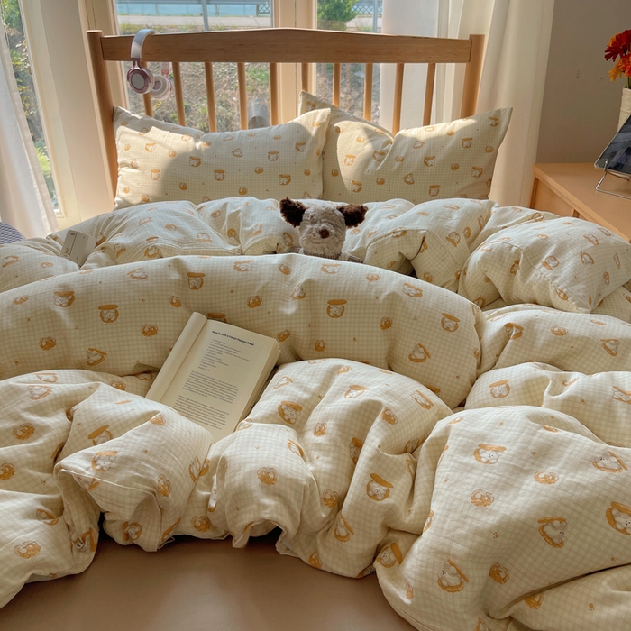 91家纺网 家纺一手货源 找家纺 蜜宿 2025新款卡通全棉A类双层纱四件套 曲奇小熊