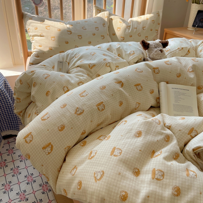 91家纺网 家纺一手货源 找家纺 蜜宿 2025新款卡通全棉A类双层纱四件套 曲奇小熊