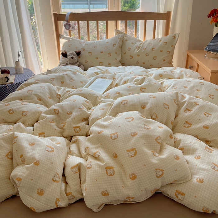 91家纺网 家纺一手货源 找家纺 蜜宿 2025新款卡通全棉A类双层纱四件套 曲奇小熊