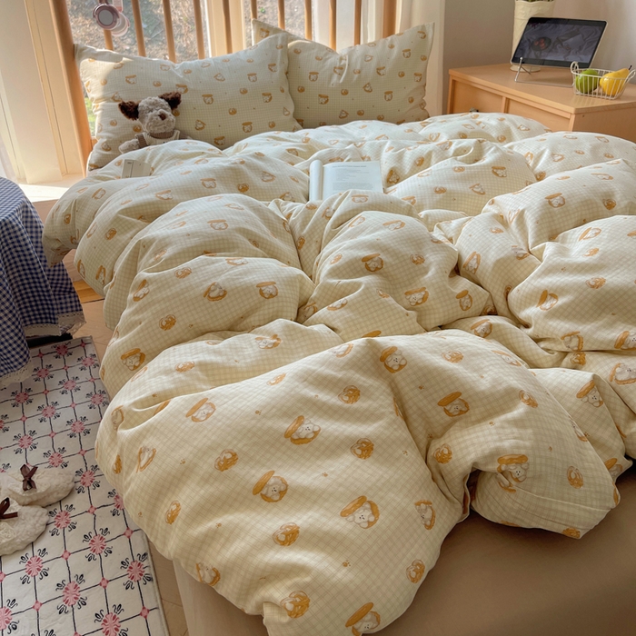 91家纺网 家纺一手货源 找家纺 蜜宿 2025新款卡通全棉A类双层纱四件套 曲奇小熊