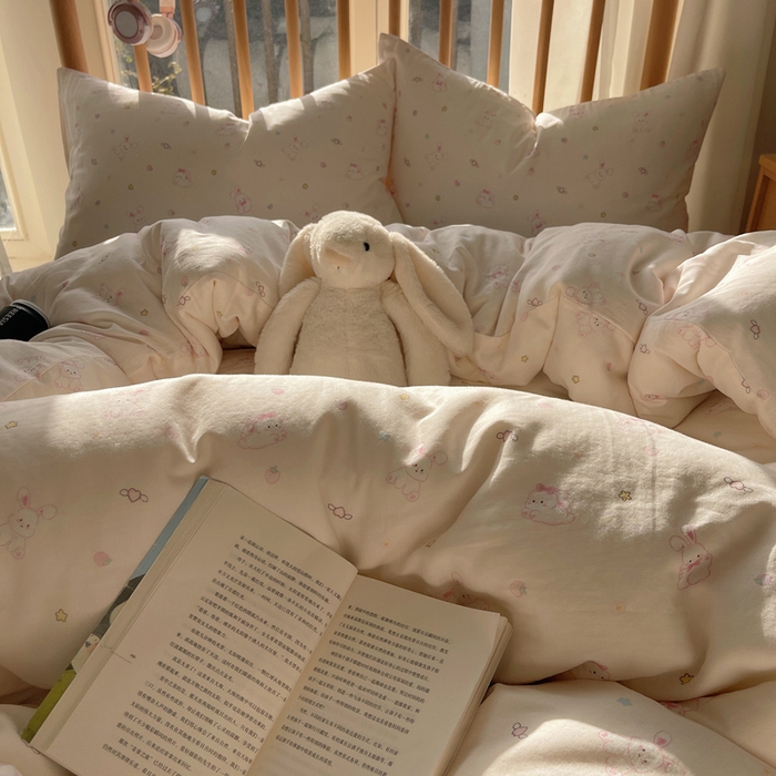 91家纺网 家纺一手货源 找家纺 蜜宿 2025新款卡通全棉A类双层纱四件套 月光兔兔