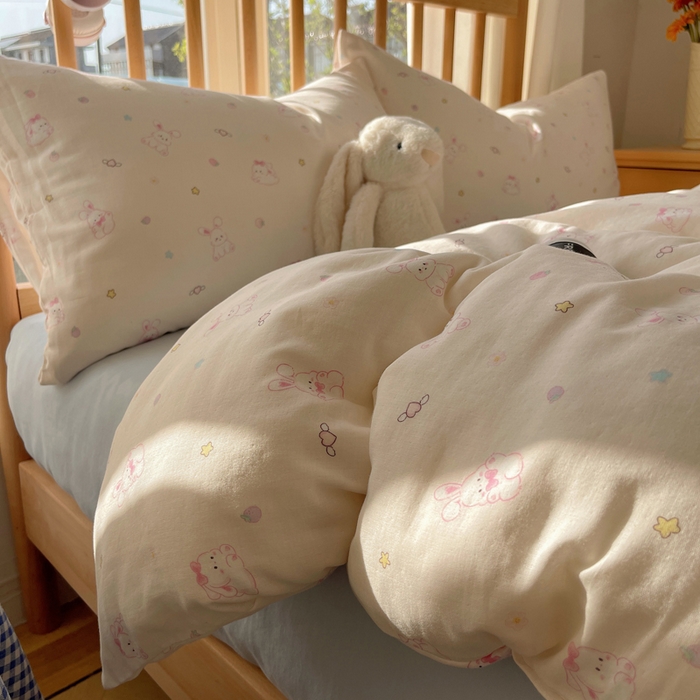 91家纺网 家纺一手货源 找家纺 蜜宿 2025新款卡通全棉A类双层纱四件套 月光兔兔