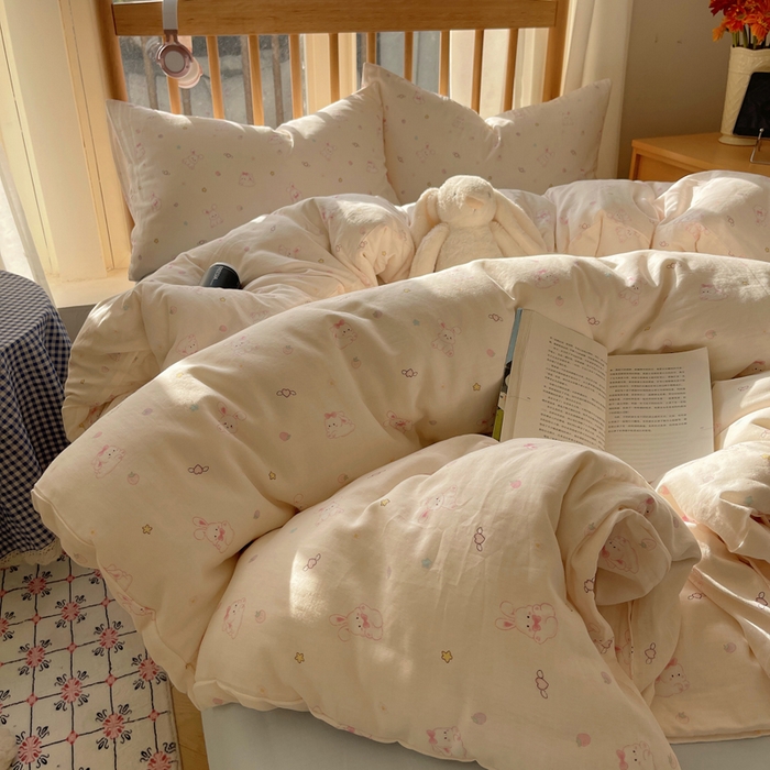 91家纺网 家纺一手货源 找家纺 蜜宿 2025新款卡通全棉A类双层纱四件套 月光兔兔