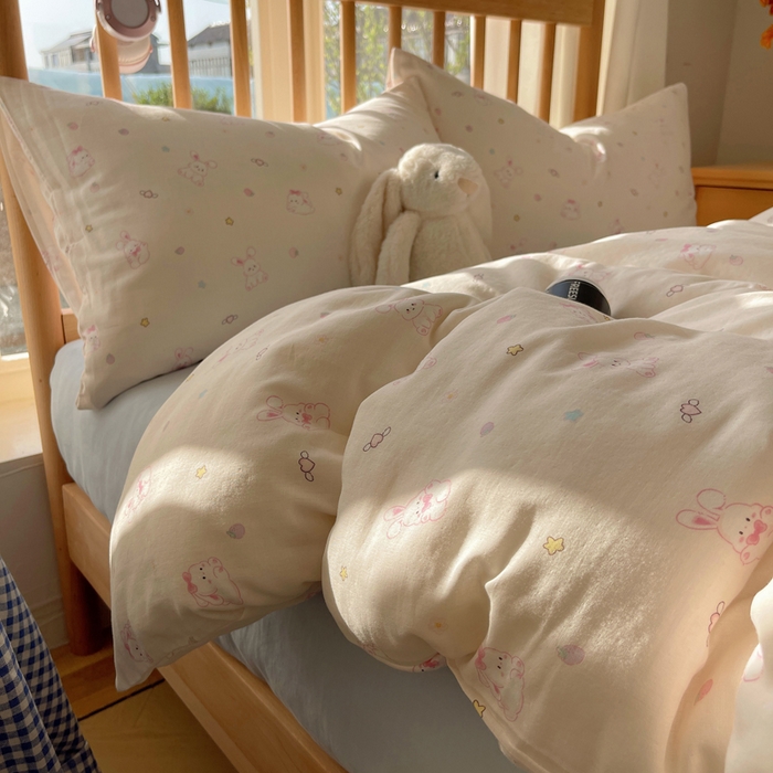 91家纺网 家纺一手货源 找家纺 蜜宿 2025新款卡通全棉A类双层纱四件套 月光兔兔