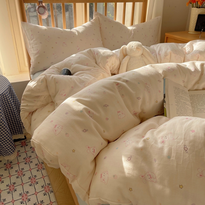 91家纺网 家纺一手货源 找家纺 蜜宿 2025新款卡通全棉A类双层纱四件套 月光兔兔