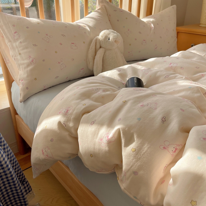 91家纺网 家纺一手货源 找家纺 蜜宿 2025新款卡通全棉A类双层纱四件套 月光兔兔