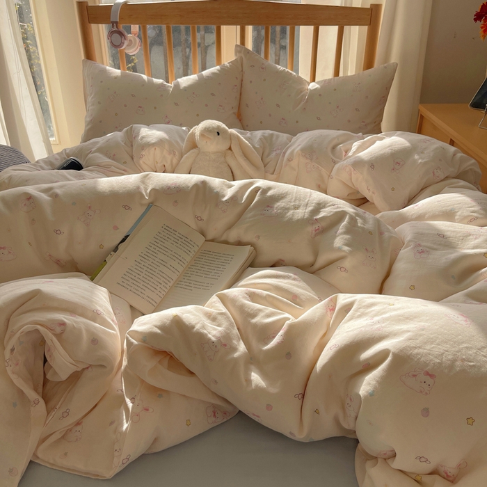 91家纺网 家纺一手货源 找家纺 蜜宿 2025新款卡通全棉A类双层纱四件套 月光兔兔