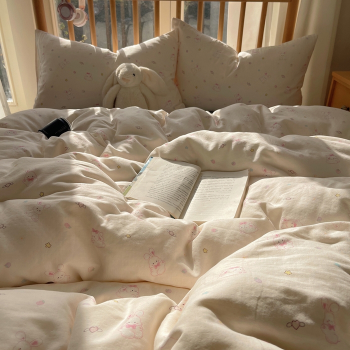 91家纺网 家纺一手货源 找家纺 蜜宿 2025新款卡通全棉A类双层纱四件套 月光兔兔