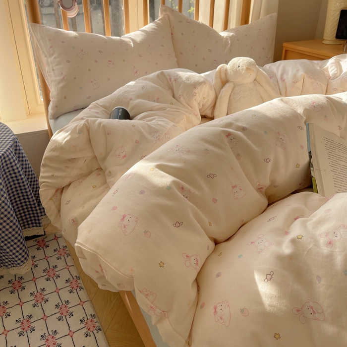 91家纺网 家纺一手货源 找家纺 蜜宿 2025新款卡通全棉A类双层纱四件套 月光兔兔