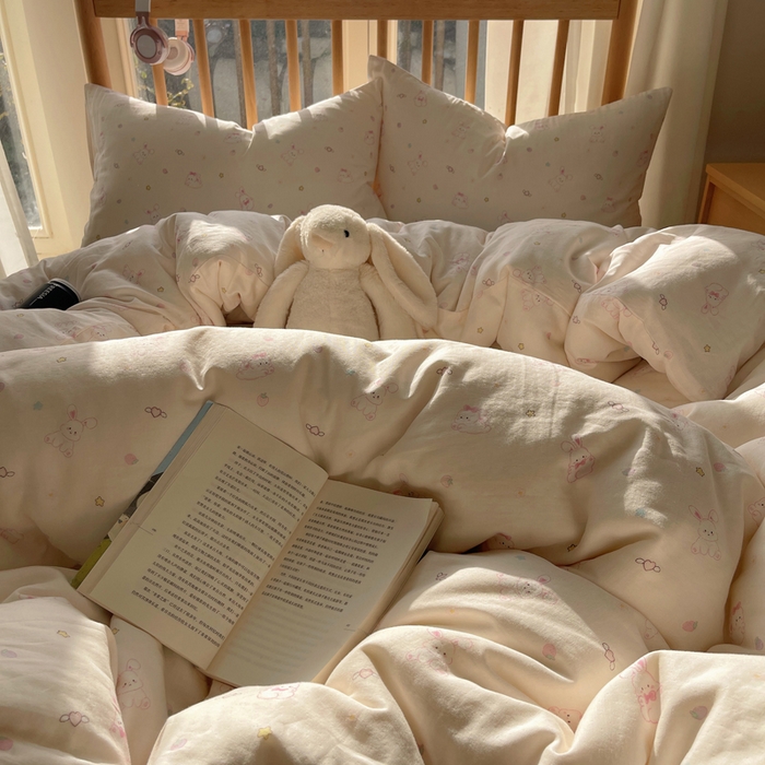 91家纺网 家纺一手货源 找家纺 蜜宿 2025新款卡通全棉A类双层纱四件套 月光兔兔