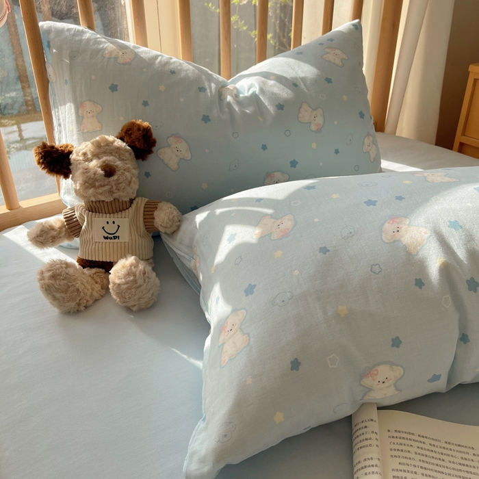 91家纺网 家纺一手货源 找家纺 蜜宿 2025新款卡通全棉A类双层纱四件套 星蓝狗狗