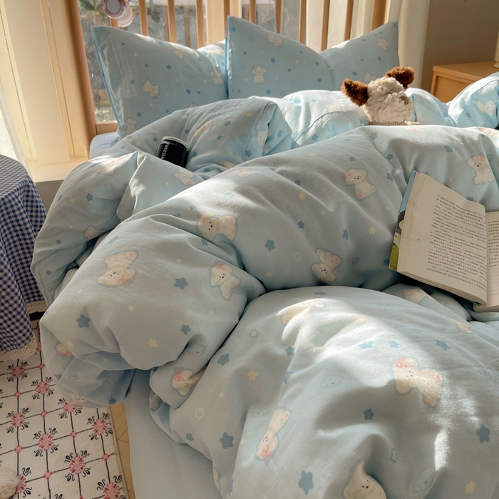 91家纺网 家纺一手货源 找家纺 蜜宿 2025新款卡通全棉A类双层纱四件套 星蓝狗狗