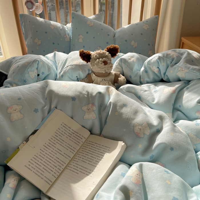 91家纺网 家纺一手货源 找家纺 蜜宿 2025新款卡通全棉A类双层纱四件套 星蓝狗狗