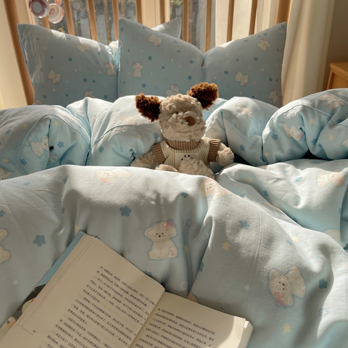 91家纺网 家纺一手货源 找家纺 蜜宿 2025新款卡通全棉A类双层纱四件套 星蓝狗狗