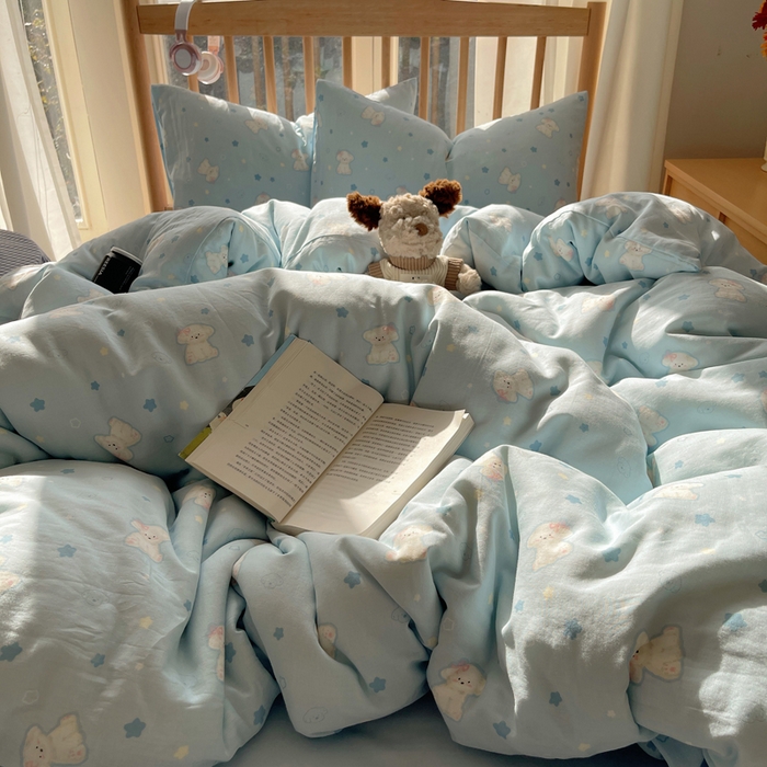 91家纺网 家纺一手货源 找家纺 蜜宿 2025新款卡通全棉A类双层纱四件套 星蓝狗狗