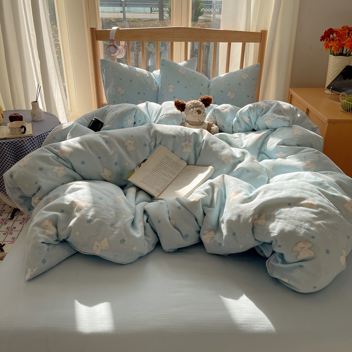 91家纺网 家纺一手货源 找家纺 蜜宿 2025新款卡通全棉A类双层纱四件套 星蓝狗狗