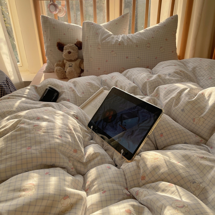 91家纺网 家纺一手货源 找家纺 蜜宿 2025新款卡通全棉A类双层纱四件套 格子修狗