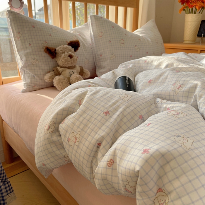 91家纺网 家纺一手货源 找家纺 蜜宿 2025新款卡通全棉A类双层纱四件套 格子修狗