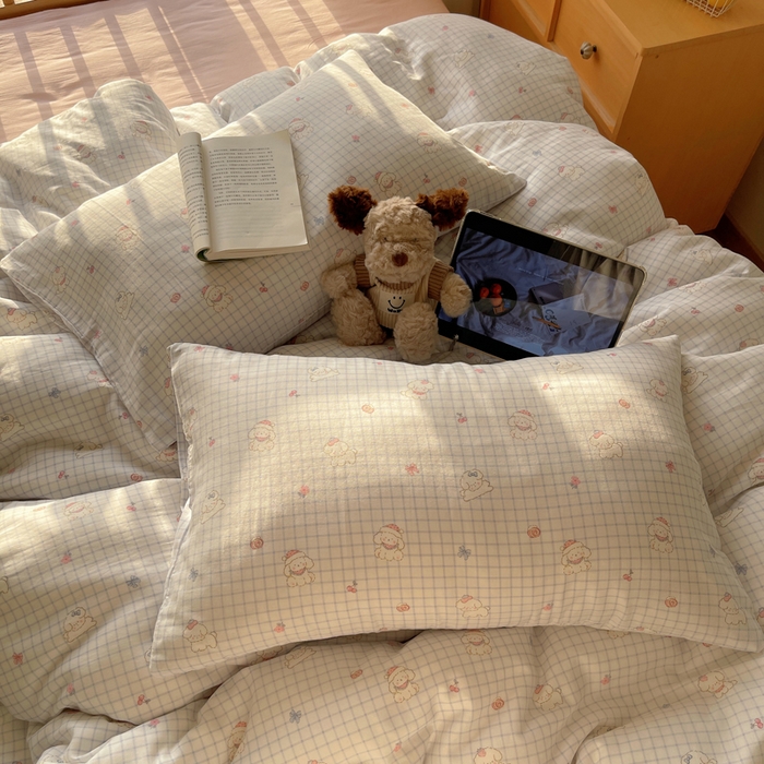 蜜宿 2025新款卡通全棉A类双层纱四件套 格子修狗