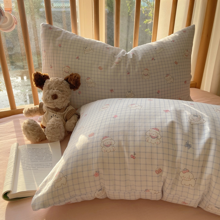 91家纺网 家纺一手货源 找家纺 蜜宿 2025新款卡通全棉A类双层纱四件套 格子修狗