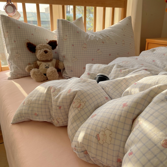 91家纺网 家纺一手货源 找家纺 蜜宿 2025新款卡通全棉A类双层纱四件套 格子修狗