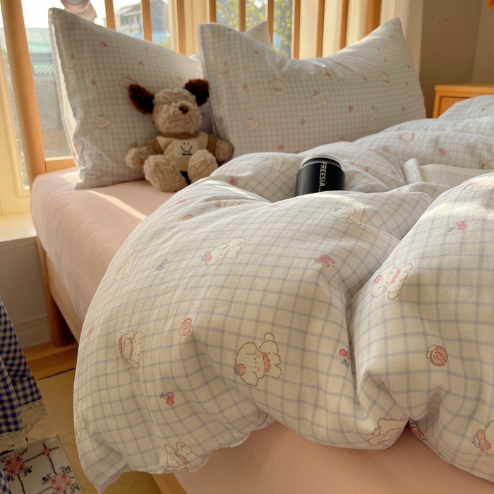 91家纺网 家纺一手货源 找家纺 蜜宿 2025新款卡通全棉A类双层纱四件套 格子修狗