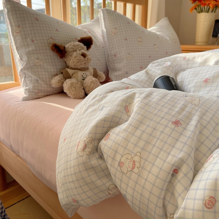 91家纺网 家纺一手货源 找家纺 蜜宿 2025新款卡通全棉A类双层纱四件套 格子修狗