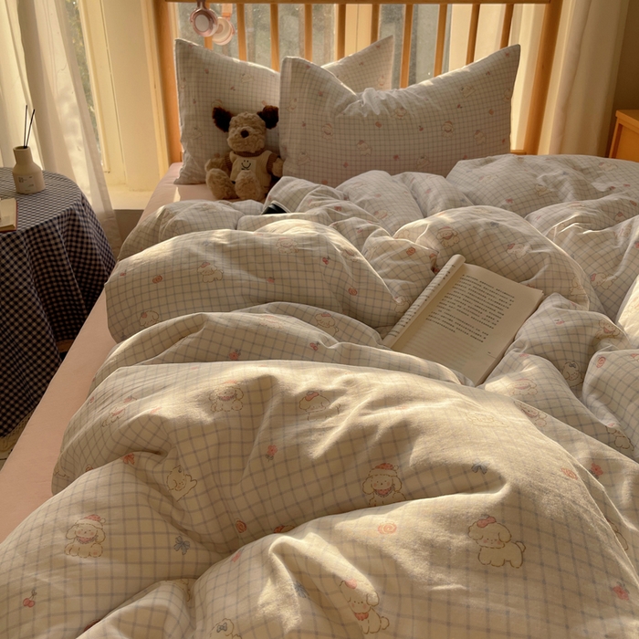 91家纺网 家纺一手货源 找家纺 蜜宿 2025新款卡通全棉A类双层纱四件套 格子修狗