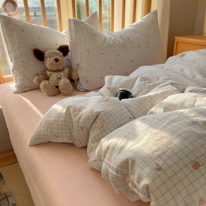 91家纺网 家纺一手货源 找家纺 蜜宿 2025新款卡通全棉A类双层纱四件套 格子修狗