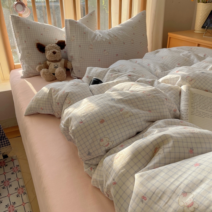 91家纺网 家纺一手货源 找家纺 蜜宿 2025新款卡通全棉A类双层纱四件套 格子修狗