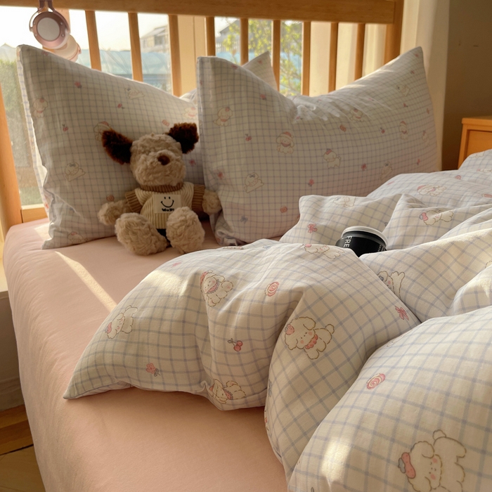 91家纺网 家纺一手货源 找家纺 蜜宿 2025新款卡通全棉A类双层纱四件套 格子修狗