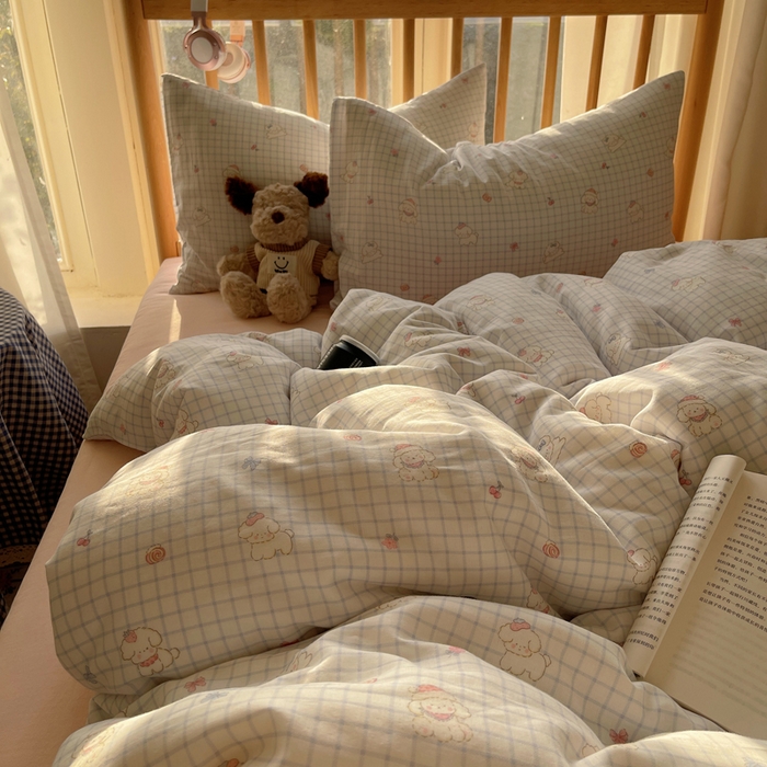 91家纺网 家纺一手货源 找家纺 蜜宿 2025新款卡通全棉A类双层纱四件套 格子修狗