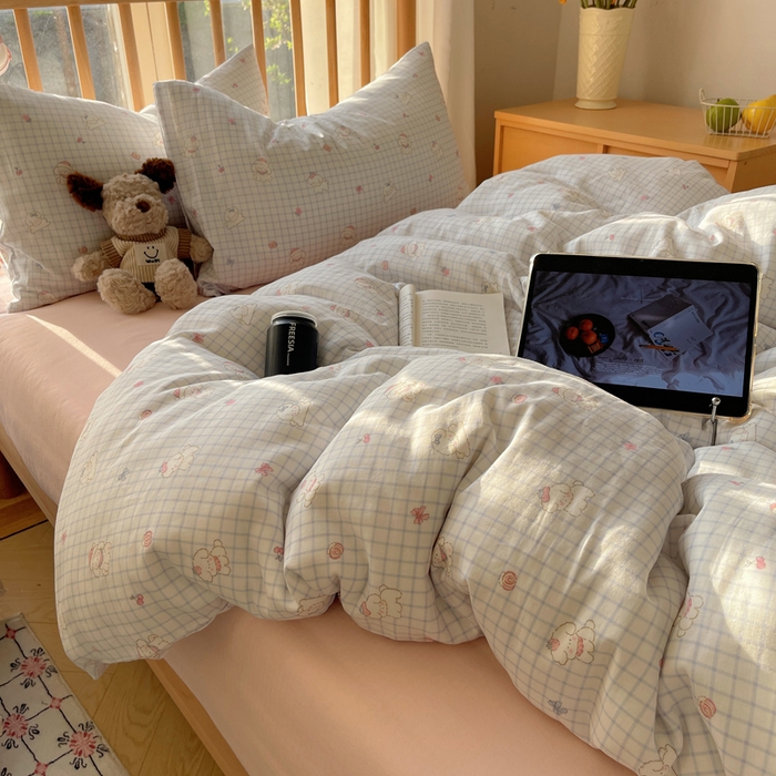 91家纺网 家纺一手货源 找家纺 蜜宿 2025新款卡通全棉A类双层纱四件套 格子修狗