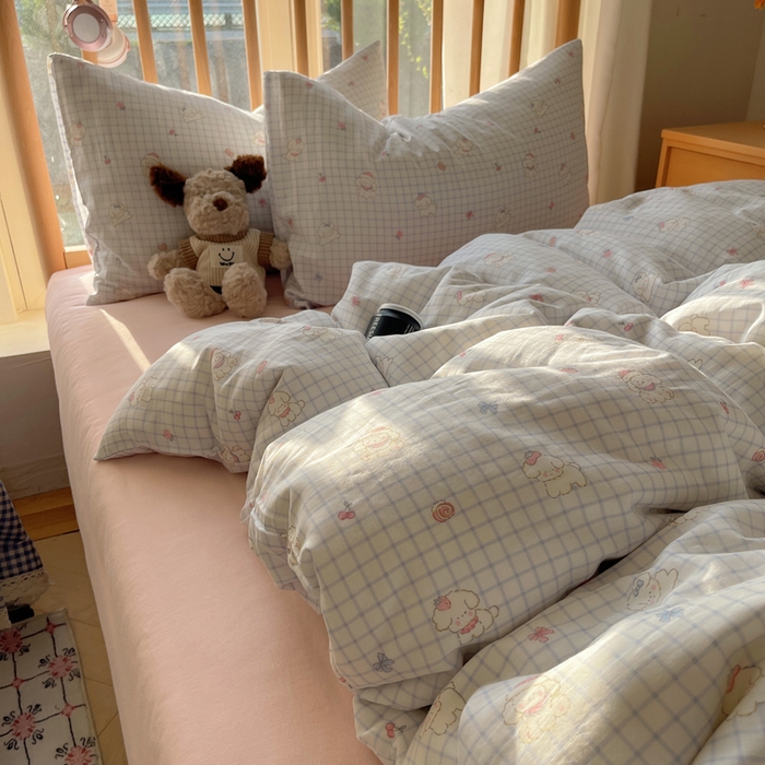 91家纺网 家纺一手货源 找家纺 蜜宿 2025新款卡通全棉A类双层纱四件套 格子修狗