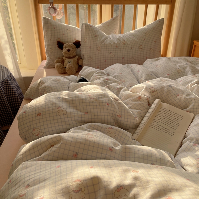 91家纺网 家纺一手货源 找家纺 蜜宿 2025新款卡通全棉A类双层纱四件套 格子修狗