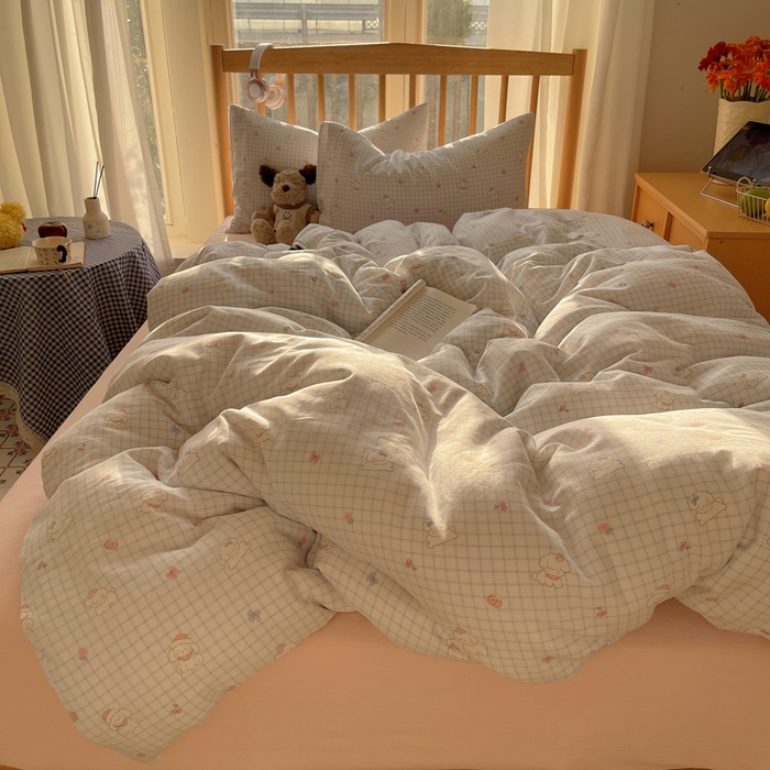 91家纺网 家纺一手货源 找家纺 蜜宿 2025新款卡通全棉A类双层纱四件套 格子修狗