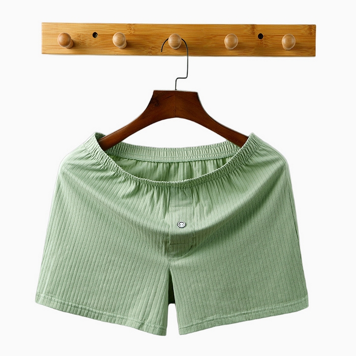 91家纺网 家纺一手货源 找家纺 良品汇馆 2025【男士阿罗裤】日式无印男士阿罗裤内裤良品全棉男条纹居家睡裤运动三分平角短裤 纯色款-绿色