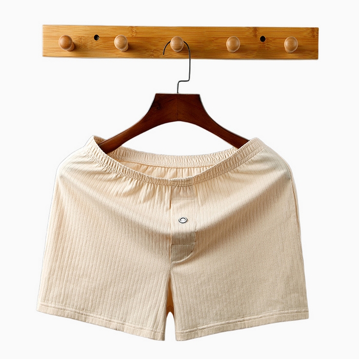 91家纺网 家纺一手货源 找家纺 良品汇馆 2025【男士阿罗裤】日式无印男士阿罗裤内裤良品全棉男条纹居家睡裤运动三分平角短裤 纯色款-米黄