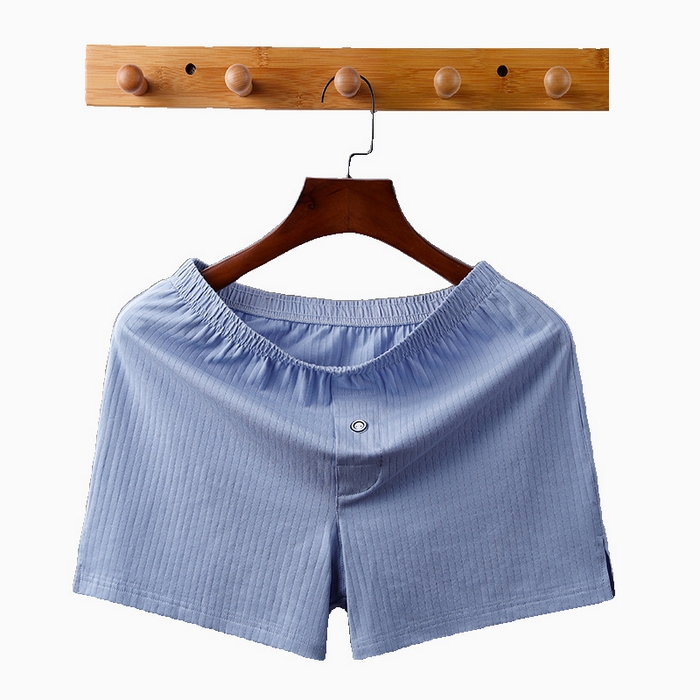 91家纺网 家纺一手货源 找家纺 良品汇馆 2025【男士阿罗裤】日式无印男士阿罗裤内裤良品全棉男条纹居家睡裤运动三分平角短裤 纯色款-蓝色