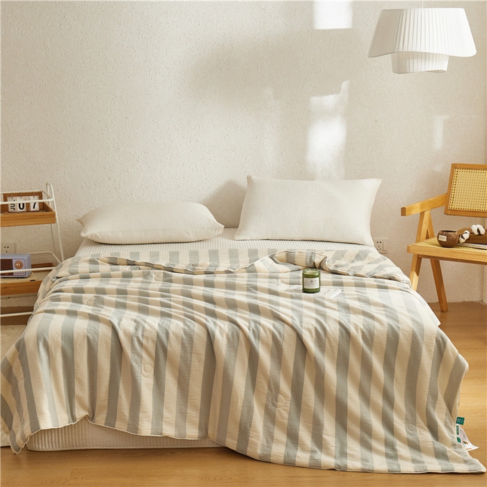 91家纺网 家纺一手货源 找家纺 良品汇馆 2025【水洗大豆宽条纹夏被】日式无印A类水洗提花大豆夏被良品宽条纹夏季被子双人全棉空调被 简韵蓝