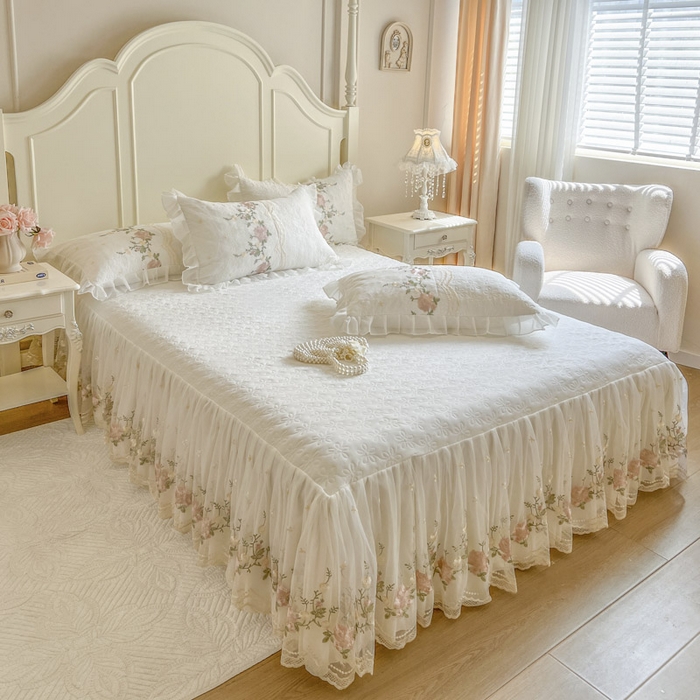 91家纺网 家纺一手货源 找家纺 恋尚 2025新款针织棉单床裙床裙单件-香奢梦 香奢梦-米白