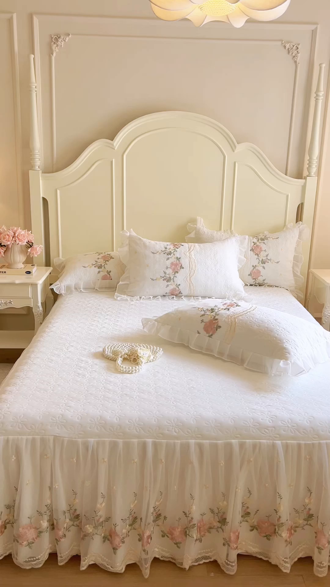 91家纺网 家纺一手货源 找家纺 恋尚 2025新款针织棉单床裙床裙单件-香奢梦 香奢梦-米白