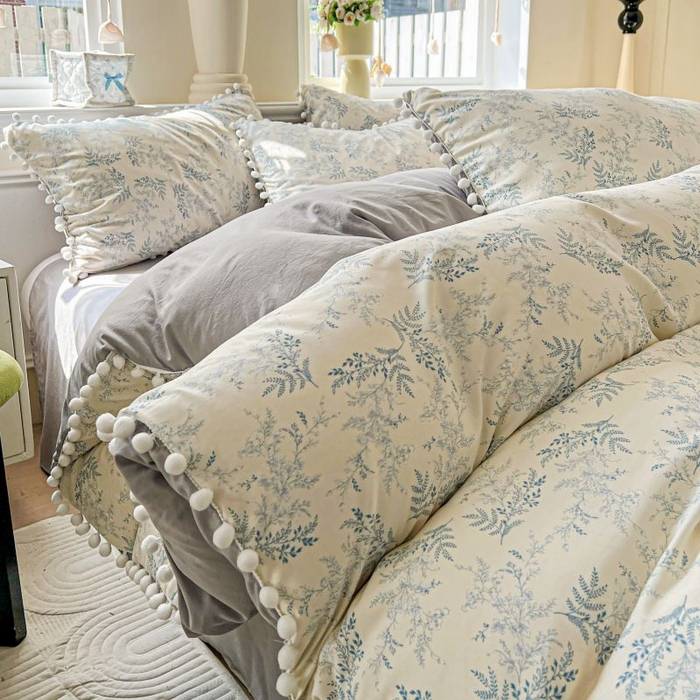 91家纺网 家纺一手货源 找家纺 朵朵家纺 2025新款球球款云感四件套水洗棉简约风小碎花单品单被套（可定制尺寸 ） 蓝颜