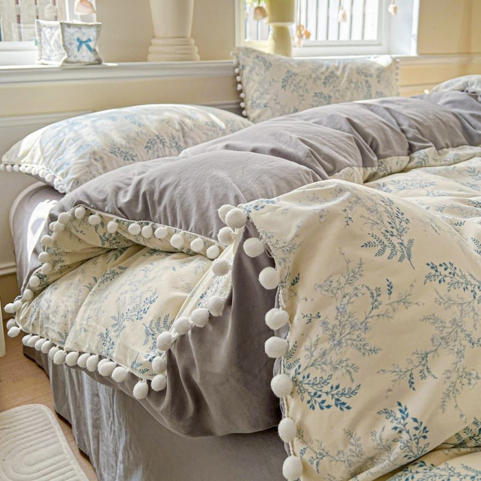 91家纺网 家纺一手货源 找家纺 朵朵家纺 2025新款球球款云感四件套水洗棉简约风小碎花单品单被套（可定制尺寸 ） 蓝颜