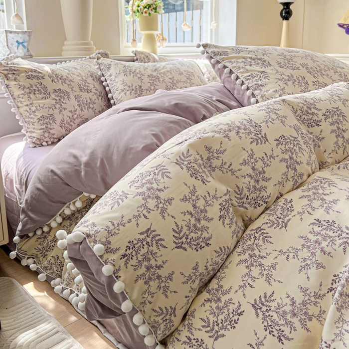 91家纺网 家纺一手货源 找家纺 朵朵家纺 2025新款球球款云感四件套水洗棉简约风小碎花单品单被套（可定制尺寸 ） 紫颜